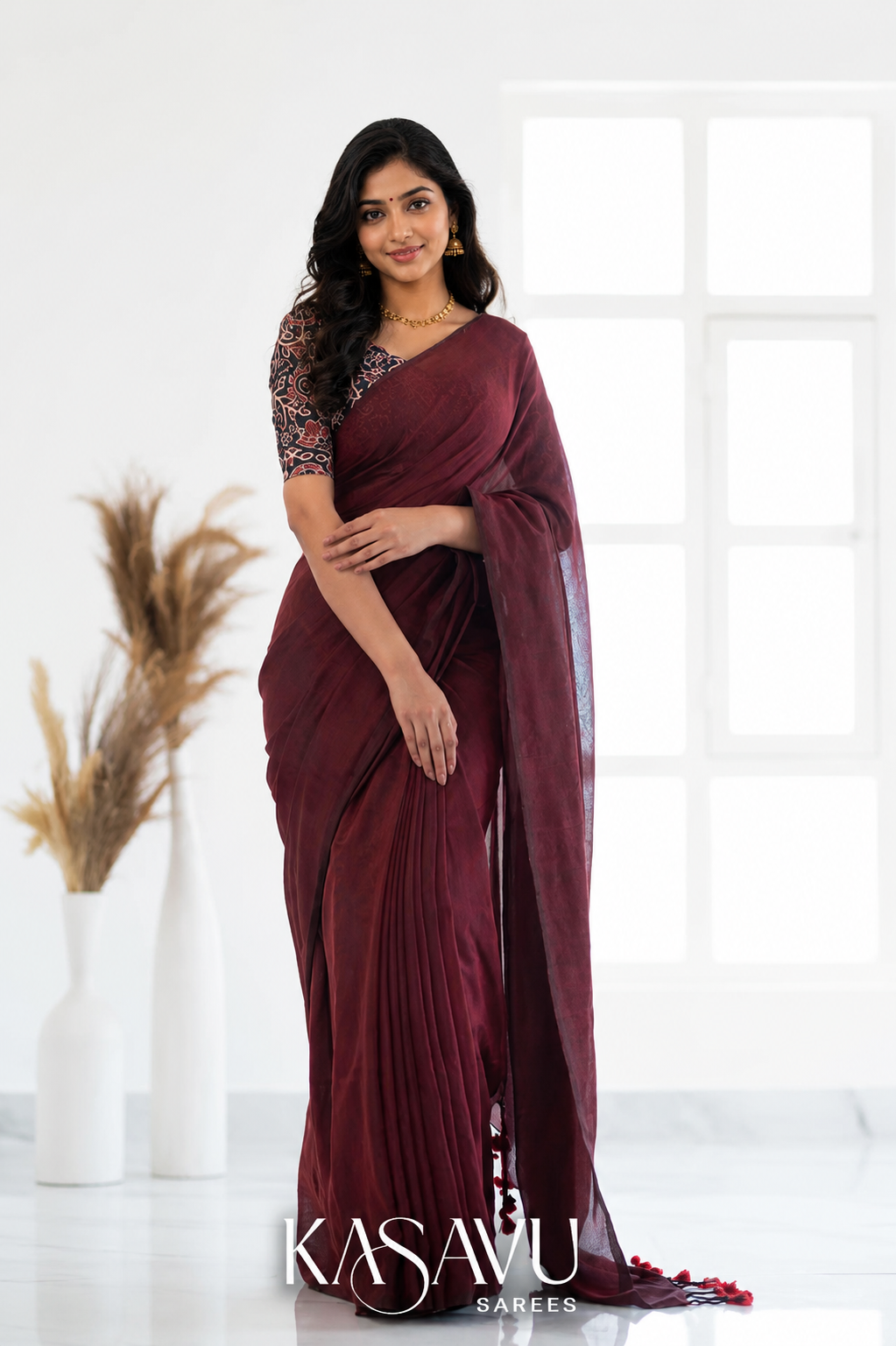 Kasavu Maroon Powerloom Cotton Saree