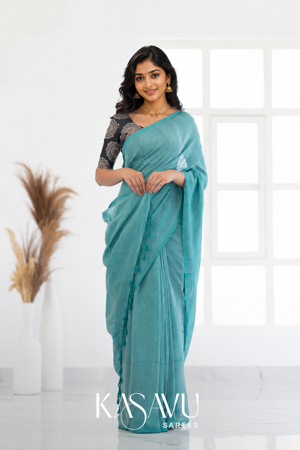 Kasavu Sky Powerloom Cotton Saree