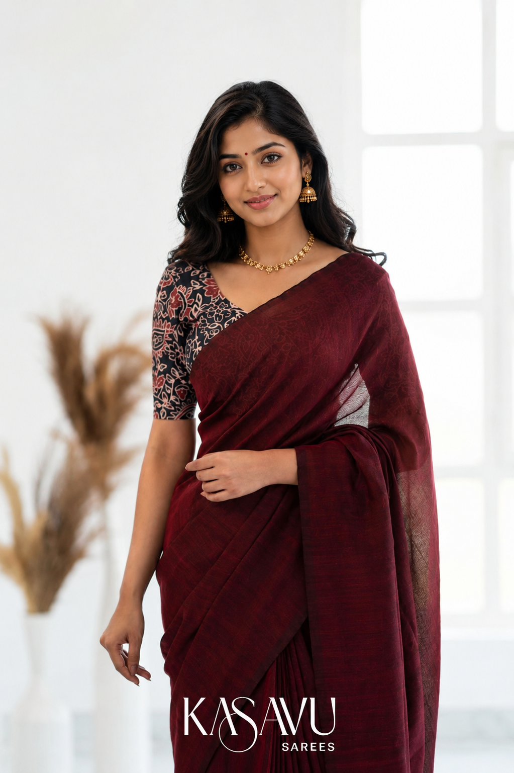 Kasavu Maroon Powerloom Cotton Saree