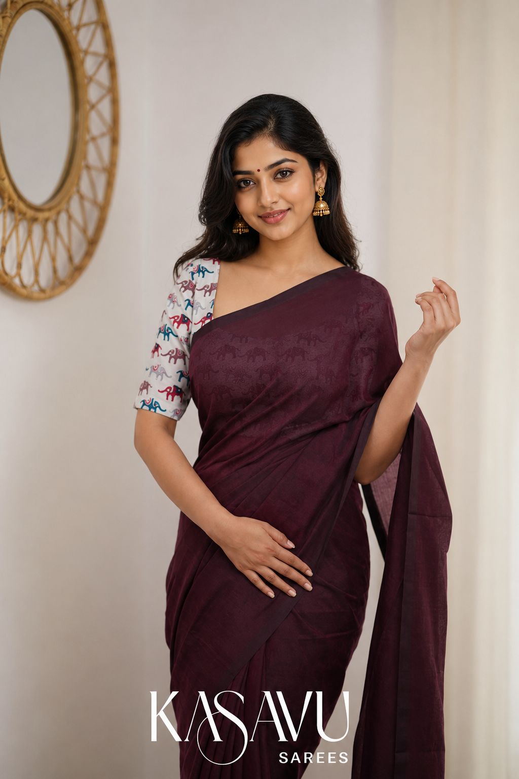 Kasavu Maroon Powerloom Cotton Saree