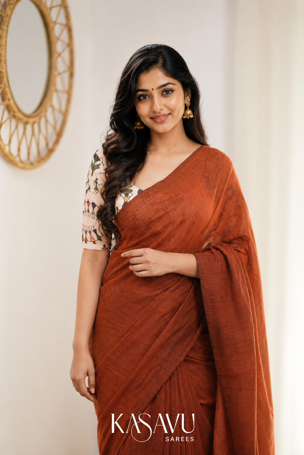 Kasavu Orange Powerloom Cotton Saree