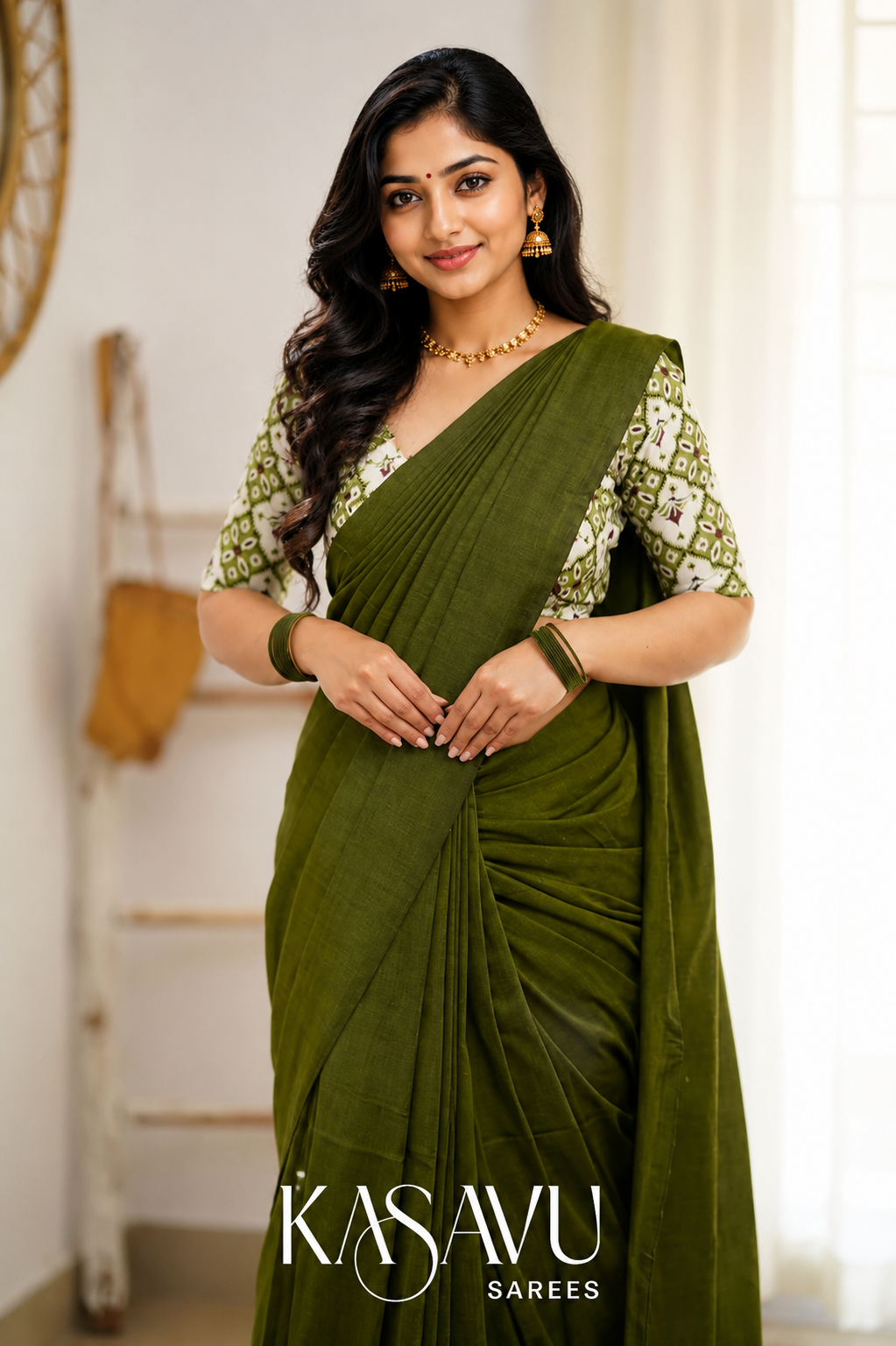 Kasavu Green Powerloom Cotton Saree