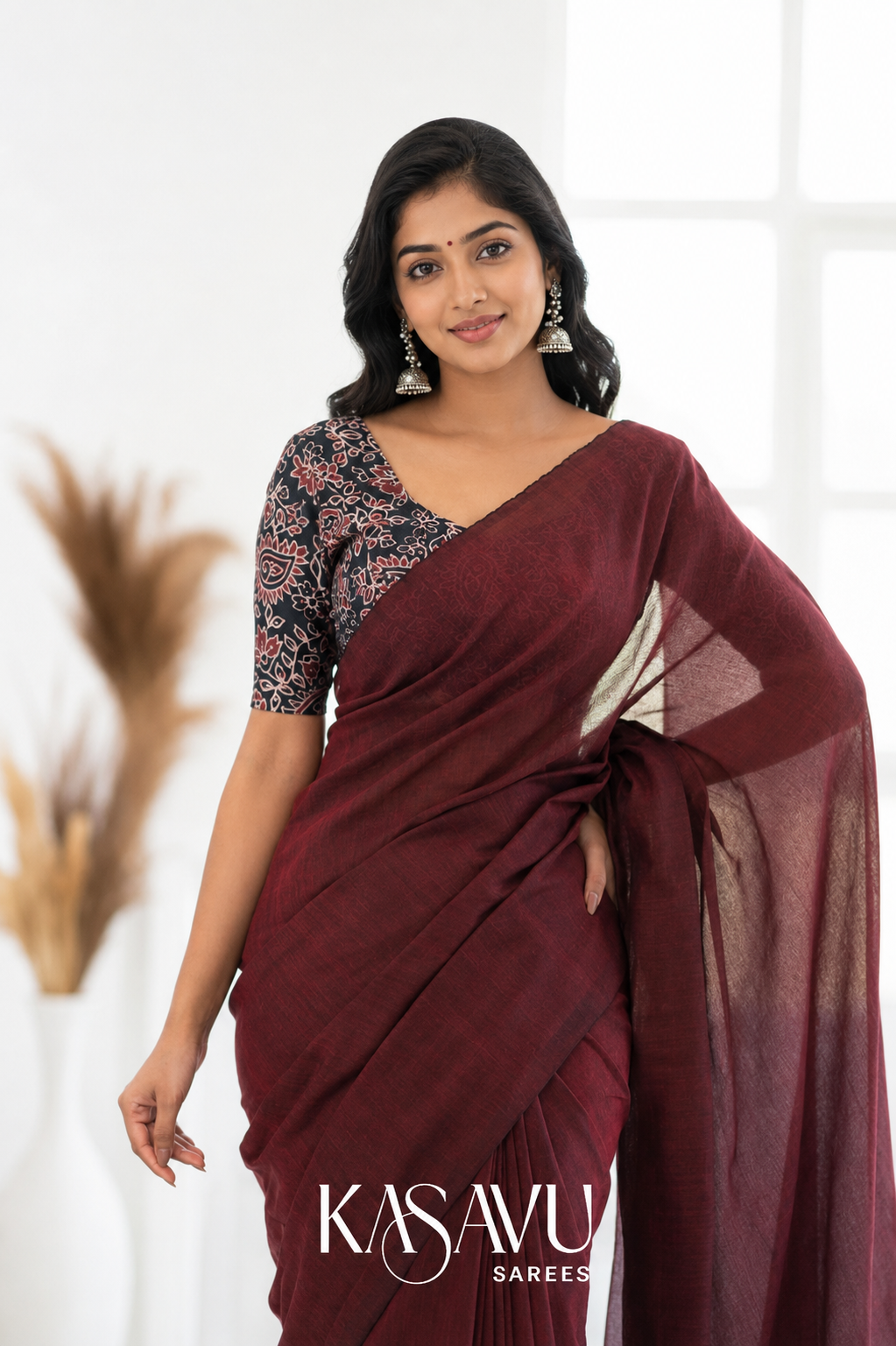Kasavu Maroon Powerloom Cotton Saree