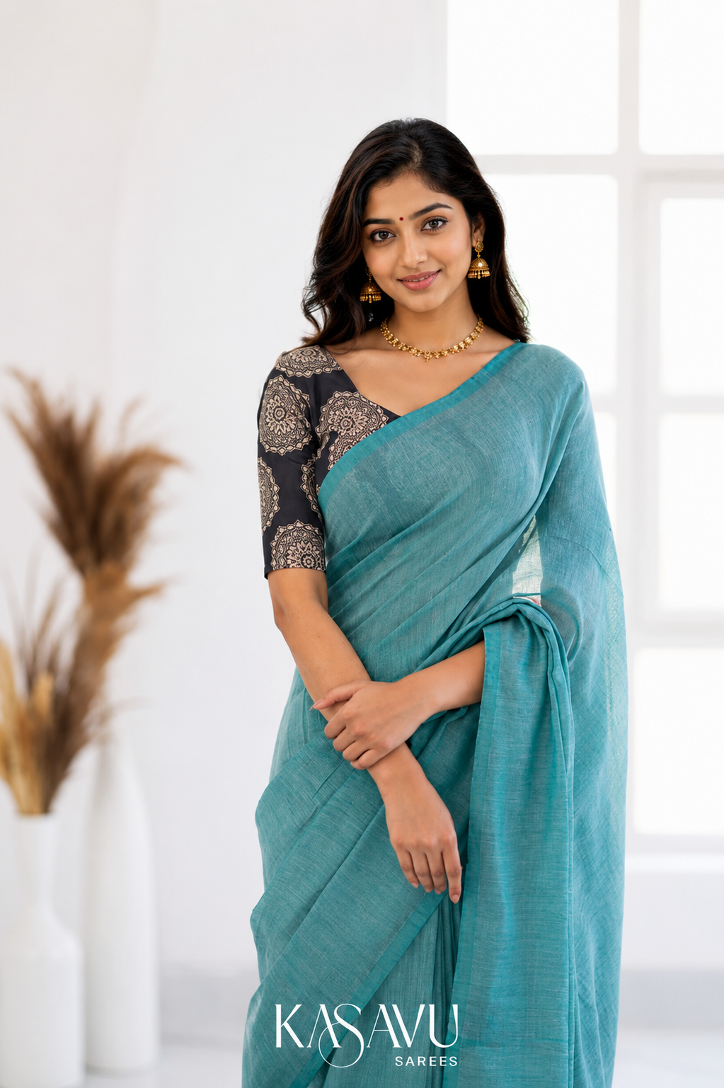 Kasavu Sky Powerloom Cotton Saree