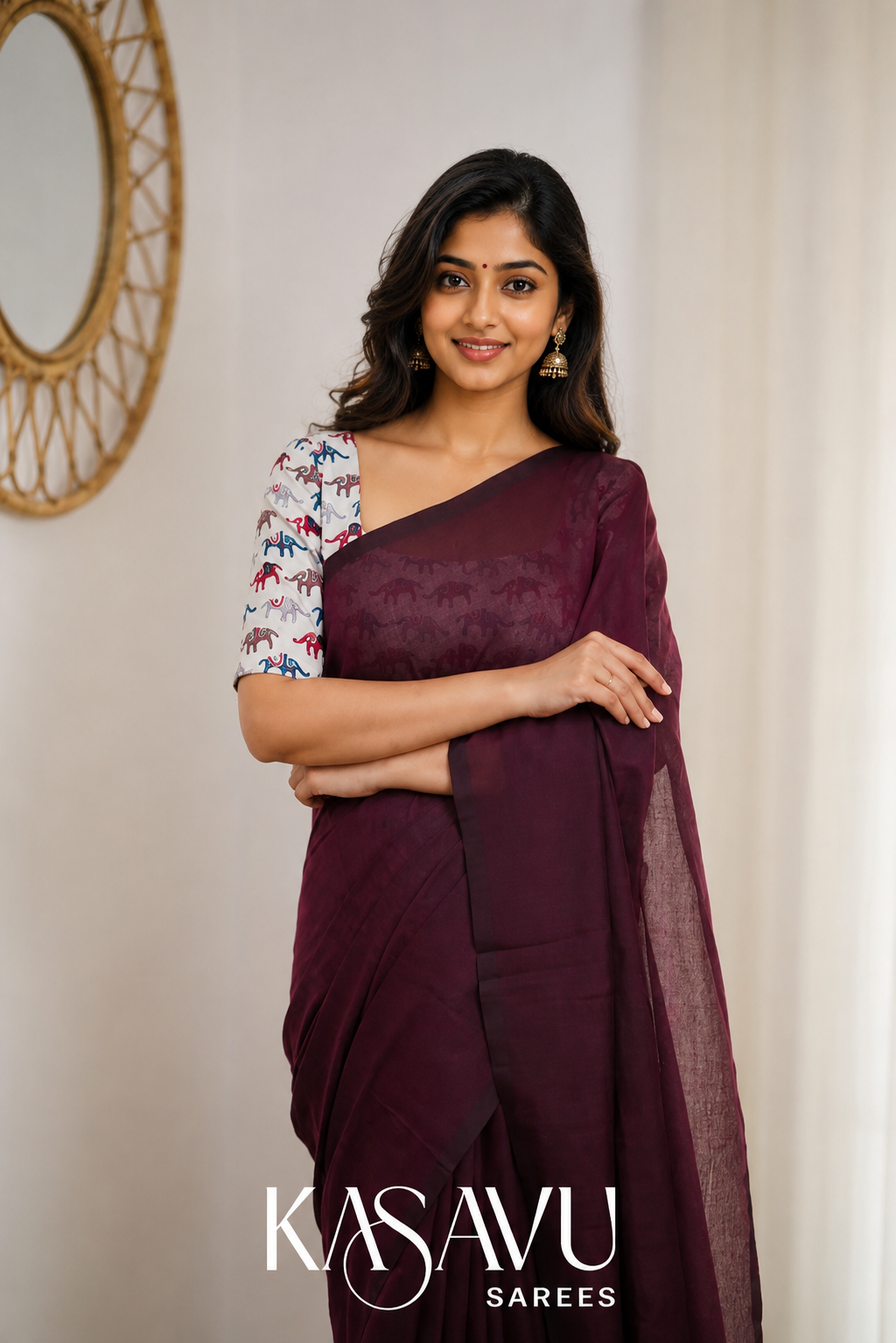 Kasavu Maroon Powerloom Cotton Saree