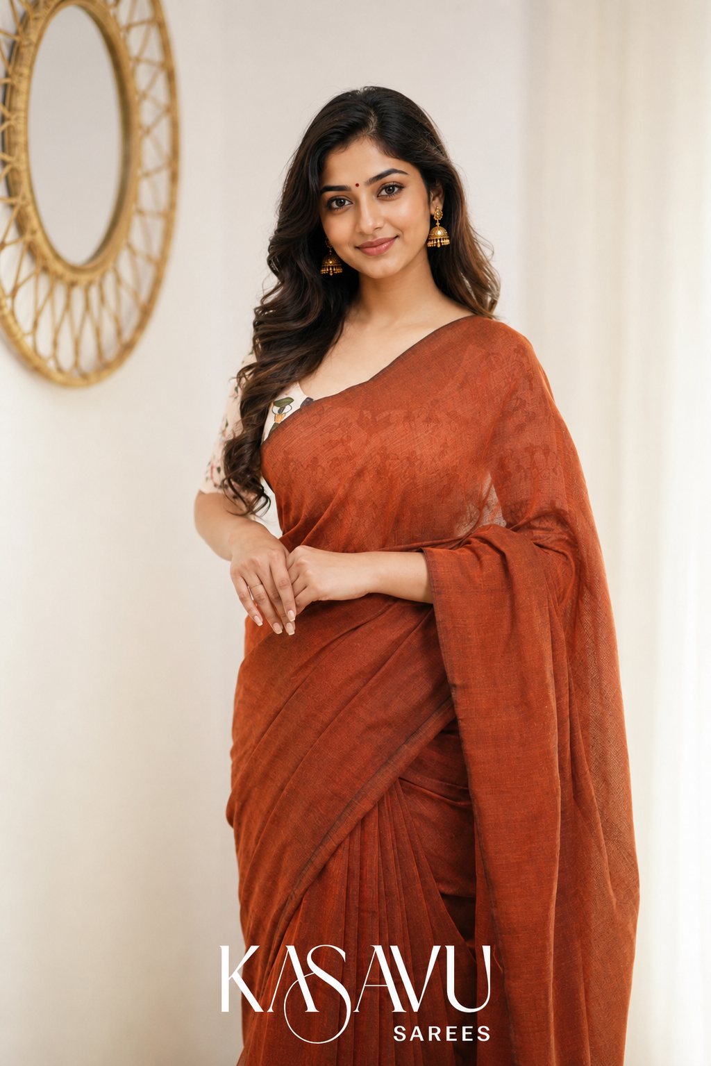 Kasavu Orange Powerloom Cotton Saree