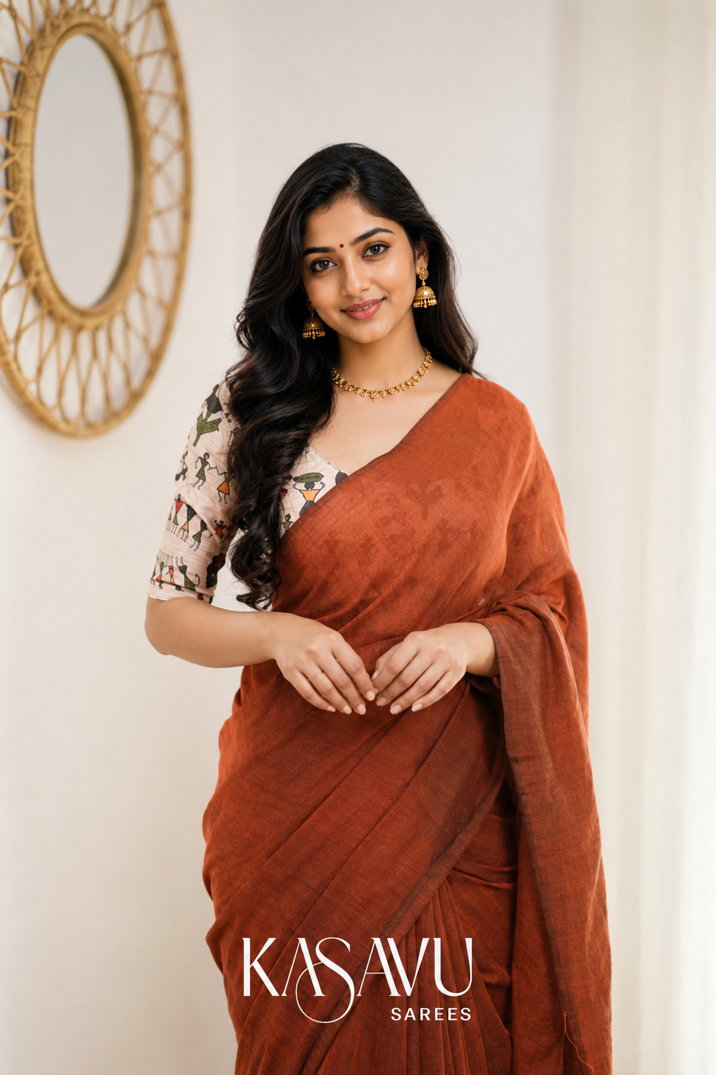 Kasavu Orange Powerloom Cotton Saree