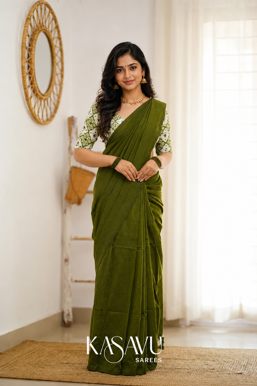 Kasavu Green Powerloom Cotton Saree