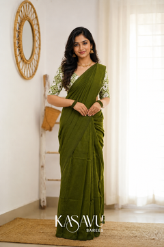 Kasavu Green Powerloom Cotton Saree