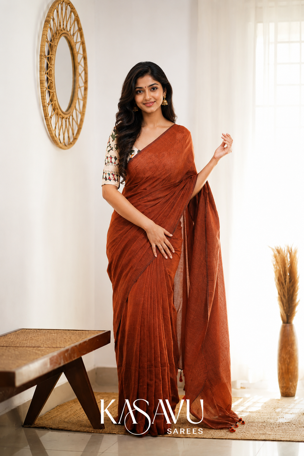 Kasavu Orange Powerloom Cotton Saree