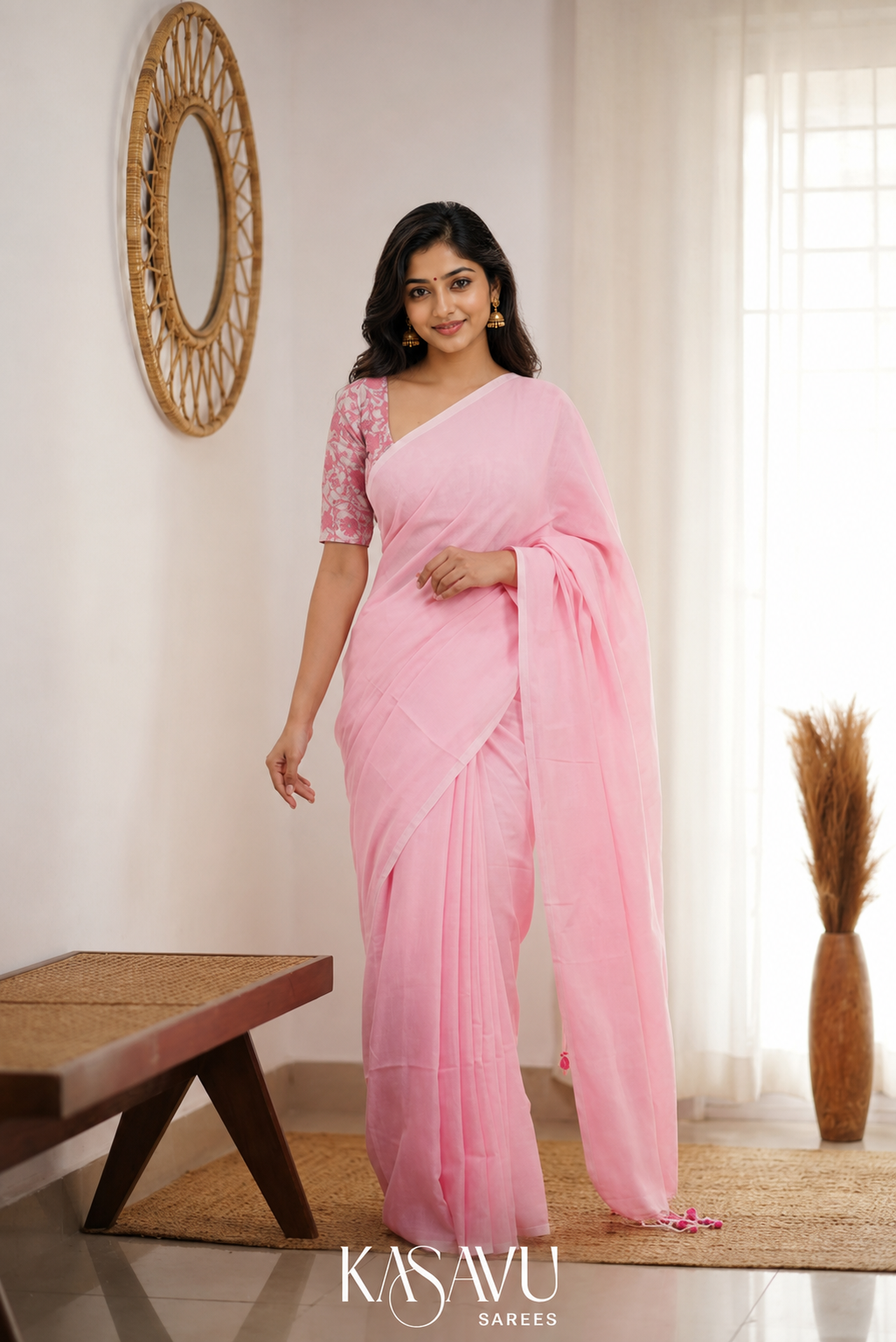 Kasavu Pink Powerloom Cotton Saree