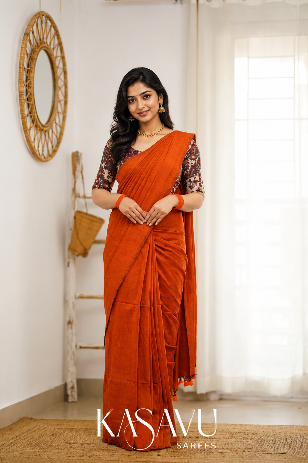 Kasavu Orange Powerloom Cotton Saree