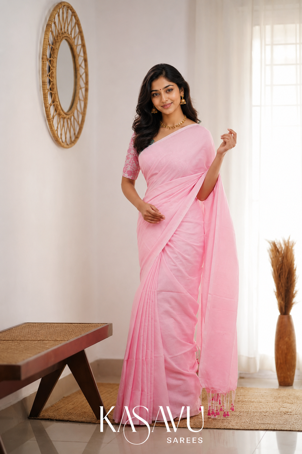 Kasavu Pink Powerloom Cotton Saree