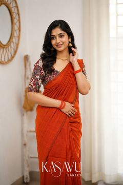 Kasavu Orange Powerloom Cotton Saree