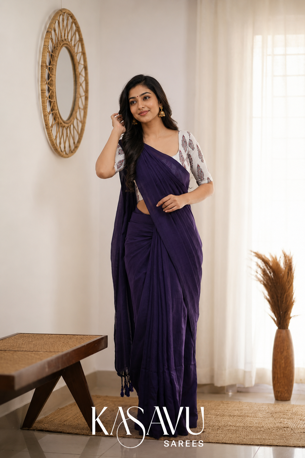 Kasavu Wine Powerloom Cotton Saree