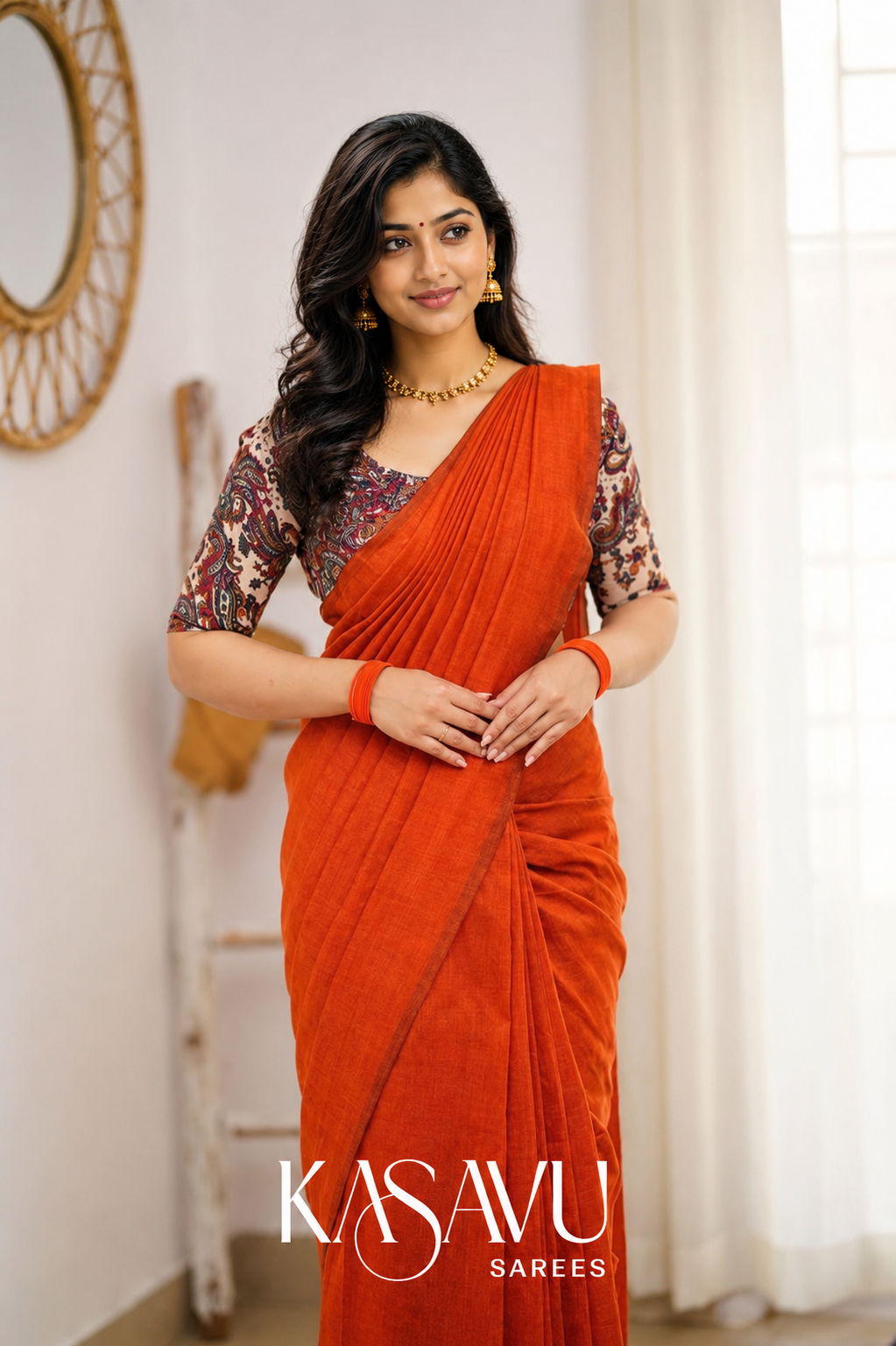 Kasavu Orange Powerloom Cotton Saree