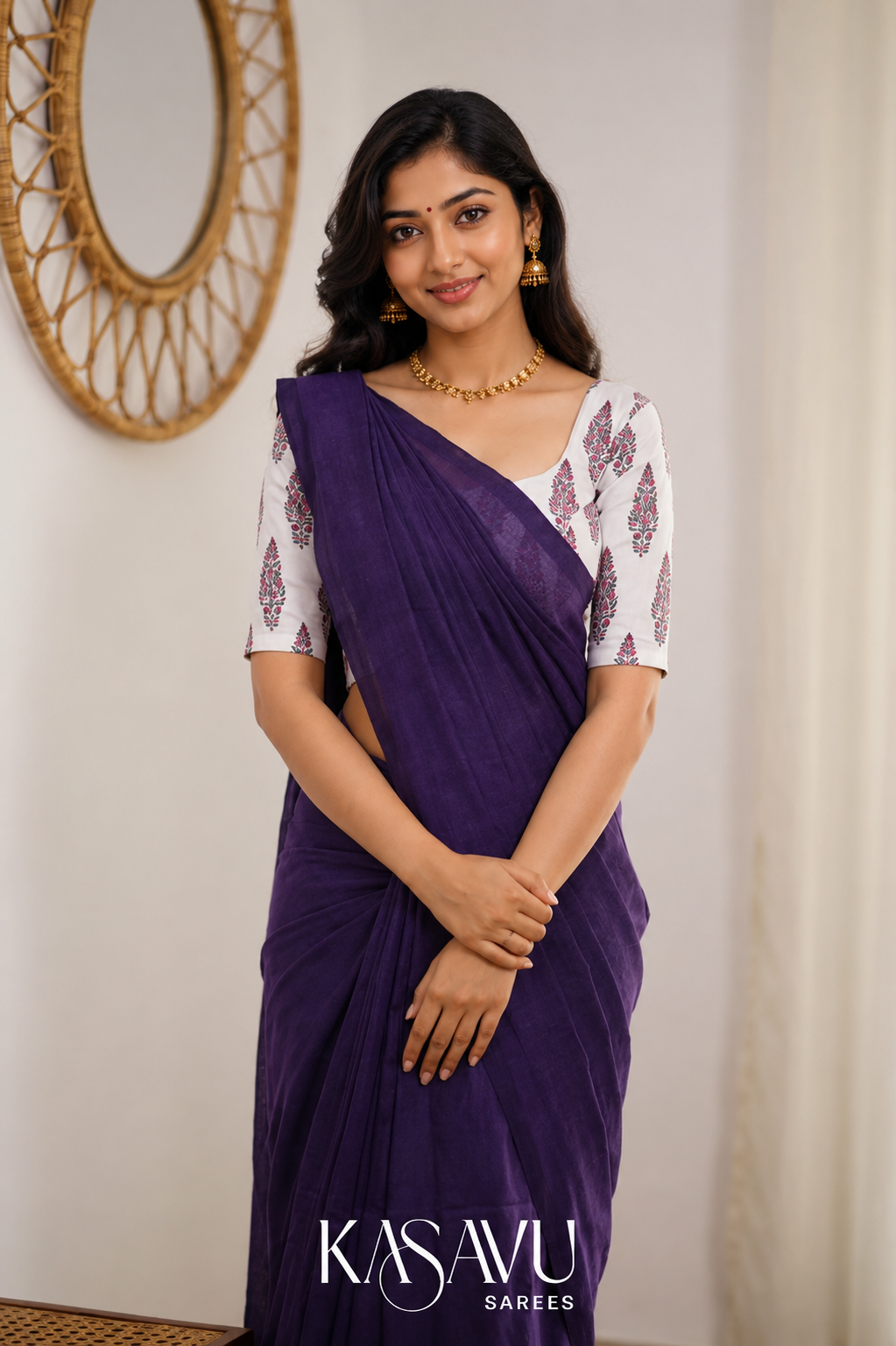 Kasavu Wine Powerloom Cotton Saree