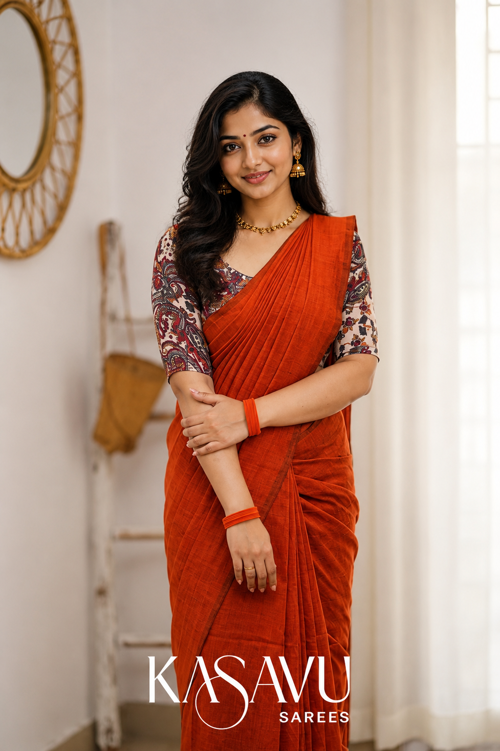 Kasavu Orange Powerloom Cotton Saree