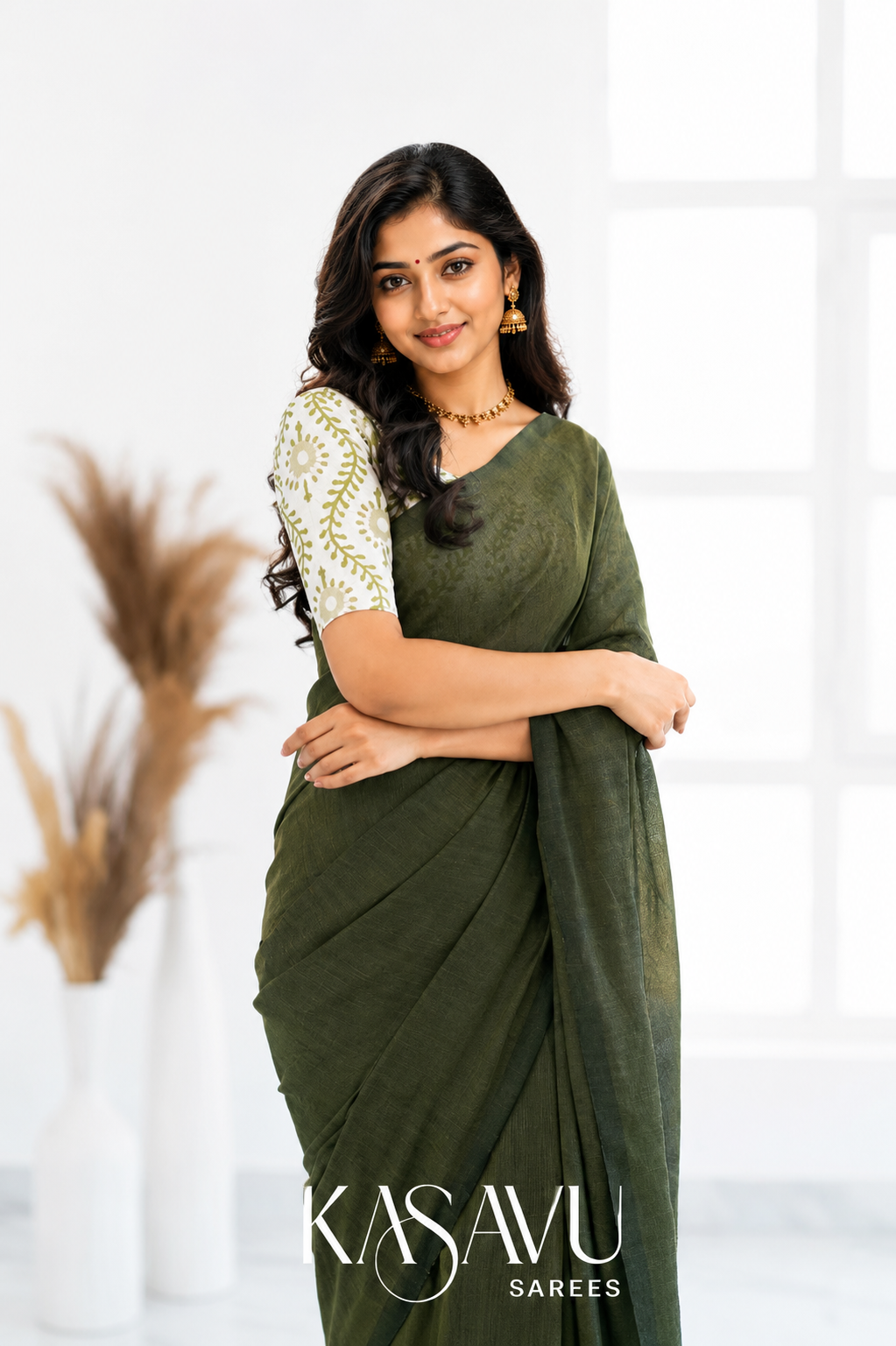 Kasavu Green Powerloom Cotton Saree