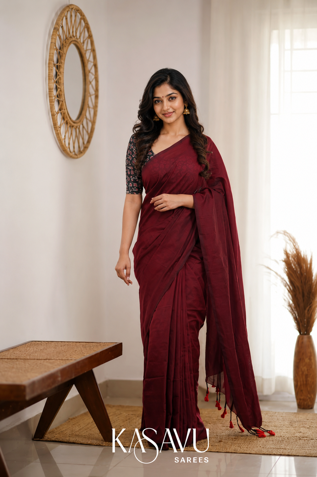 Kasavu Maroon Powerloom Cotton Saree
