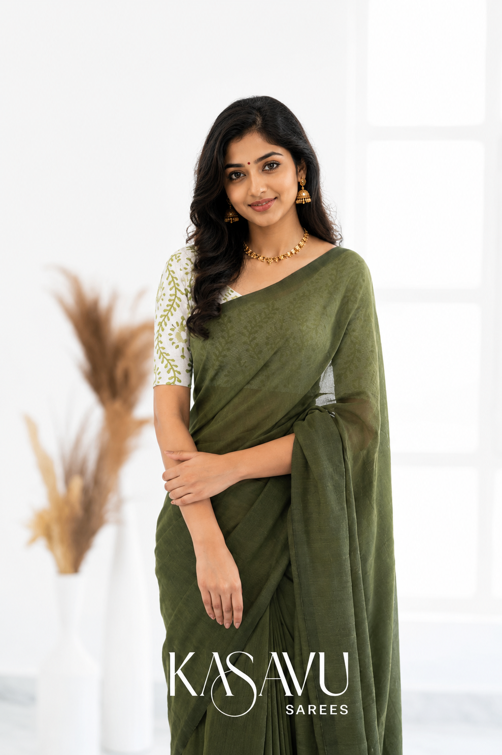 Kasavu Green Powerloom Cotton Saree