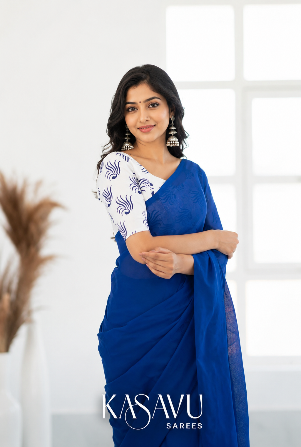 Kasavu Blue Powerloom Cotton Saree