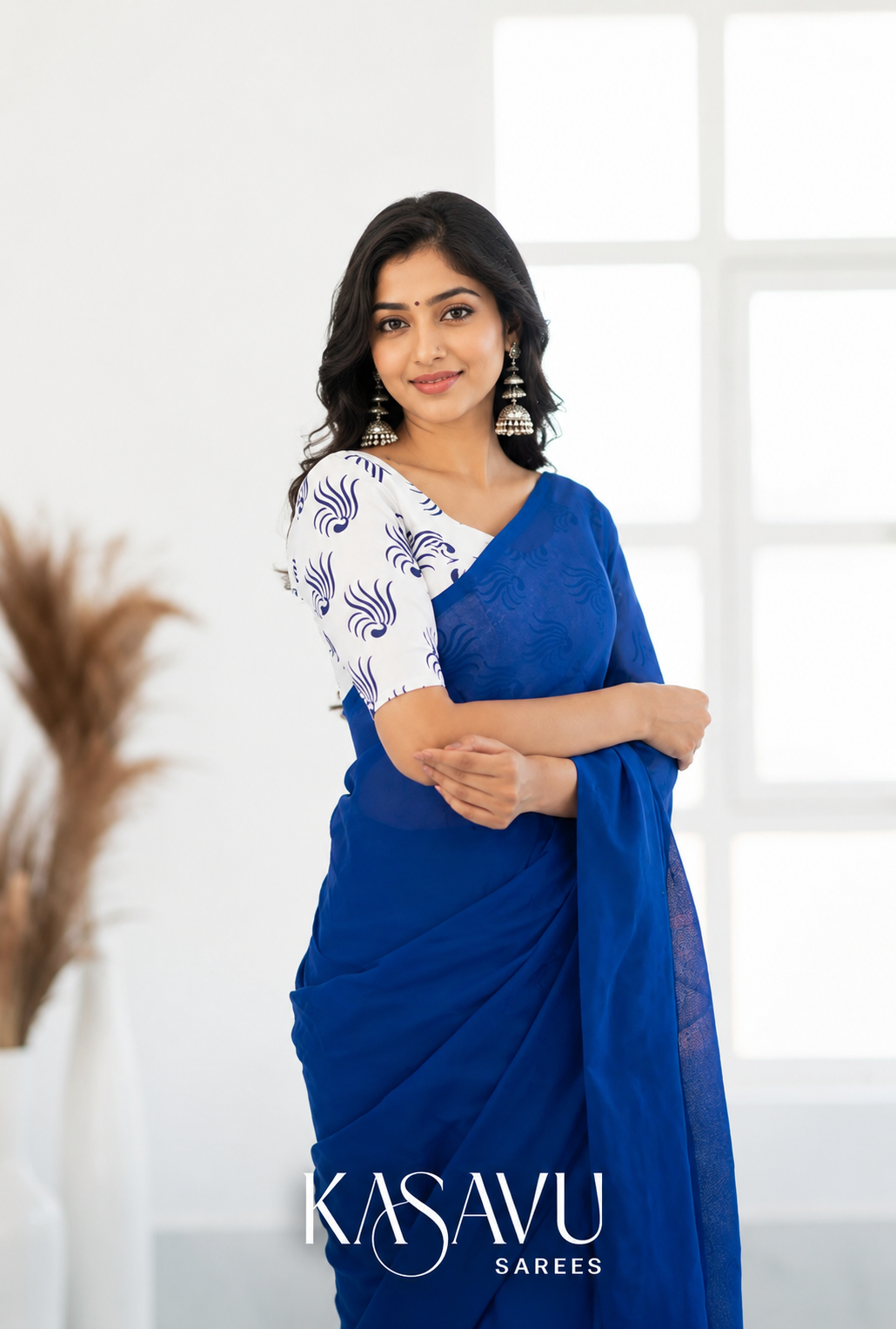 Kasavu Blue Powerloom Cotton Saree