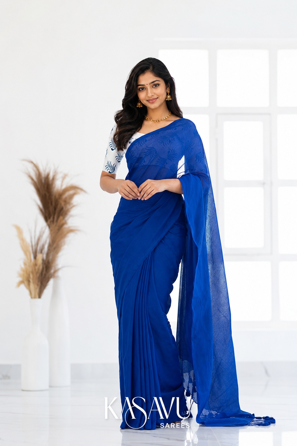 Kasavu Blue Powerloom Cotton Saree