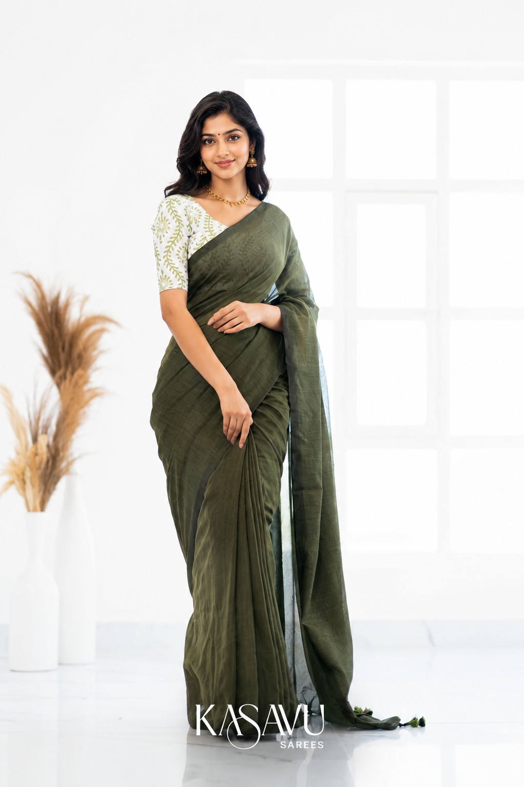 Kasavu Green Powerloom Cotton Saree