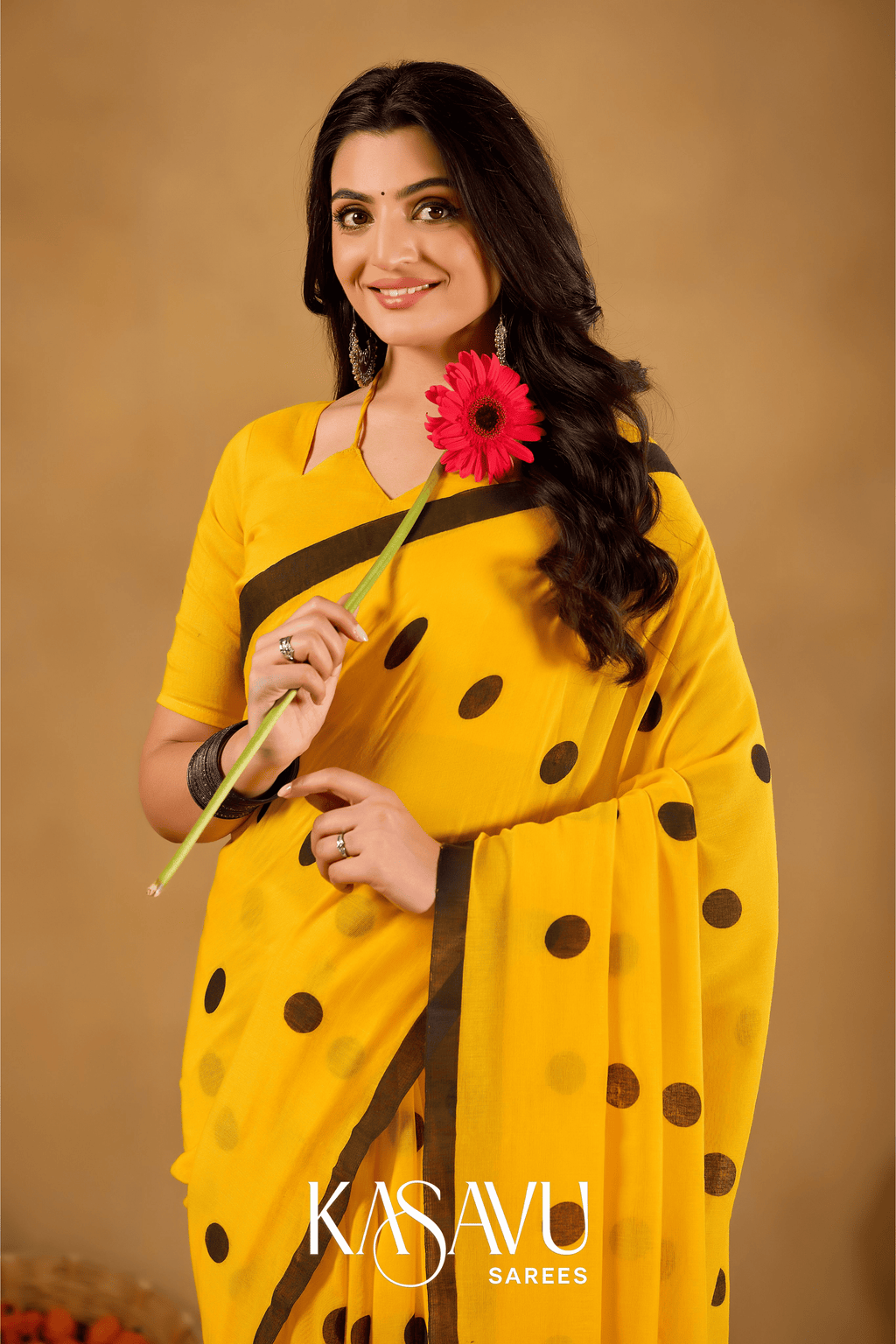 Kasavu Yellow Powerloom Print Cotton Saree