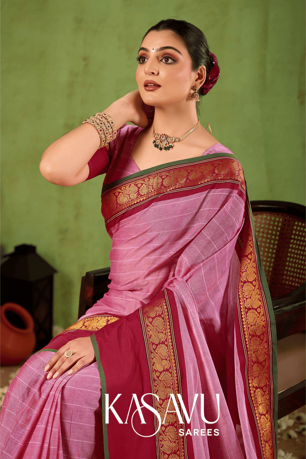 Kasavu Pink Narayanpet Cotton Saree