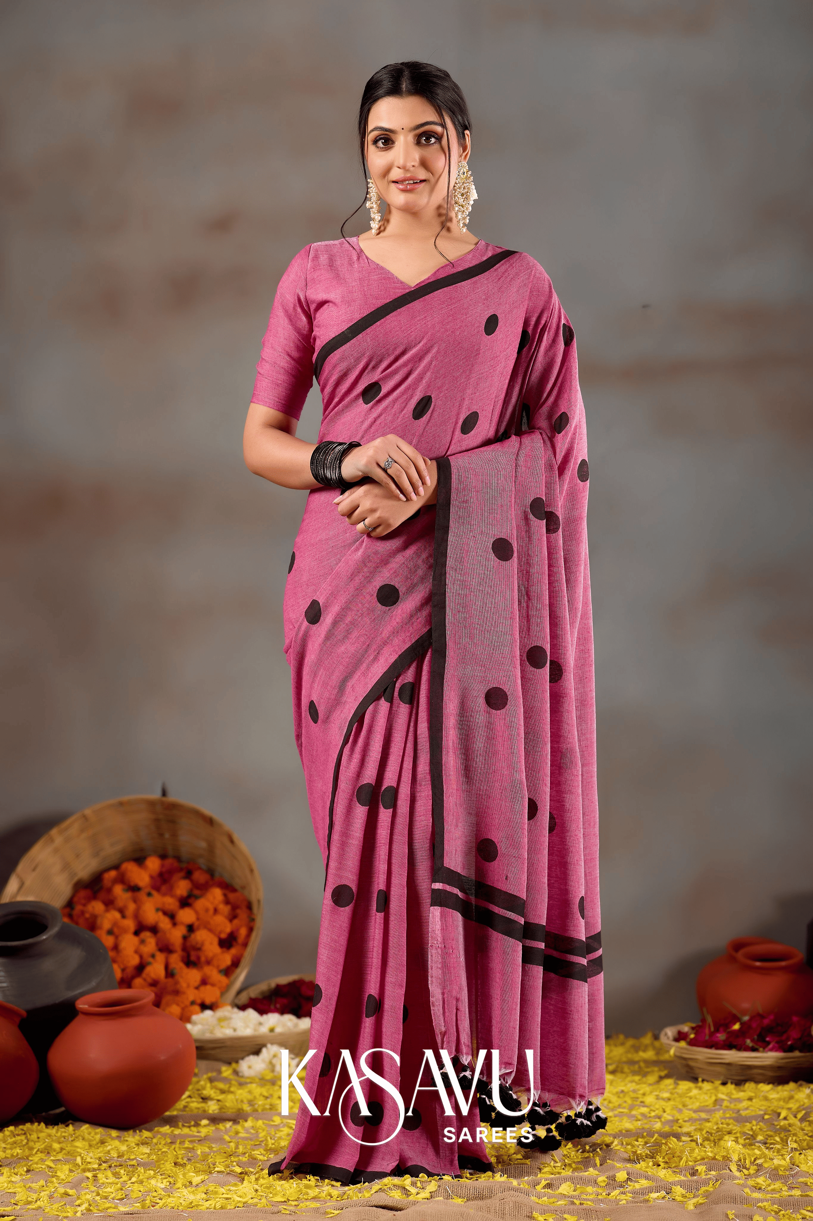 Kasavu Pink Powerloom Print Cotton Saree
