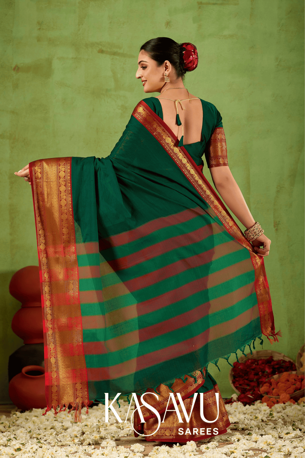 Kasavu Green Narayanpet Cotton Saree