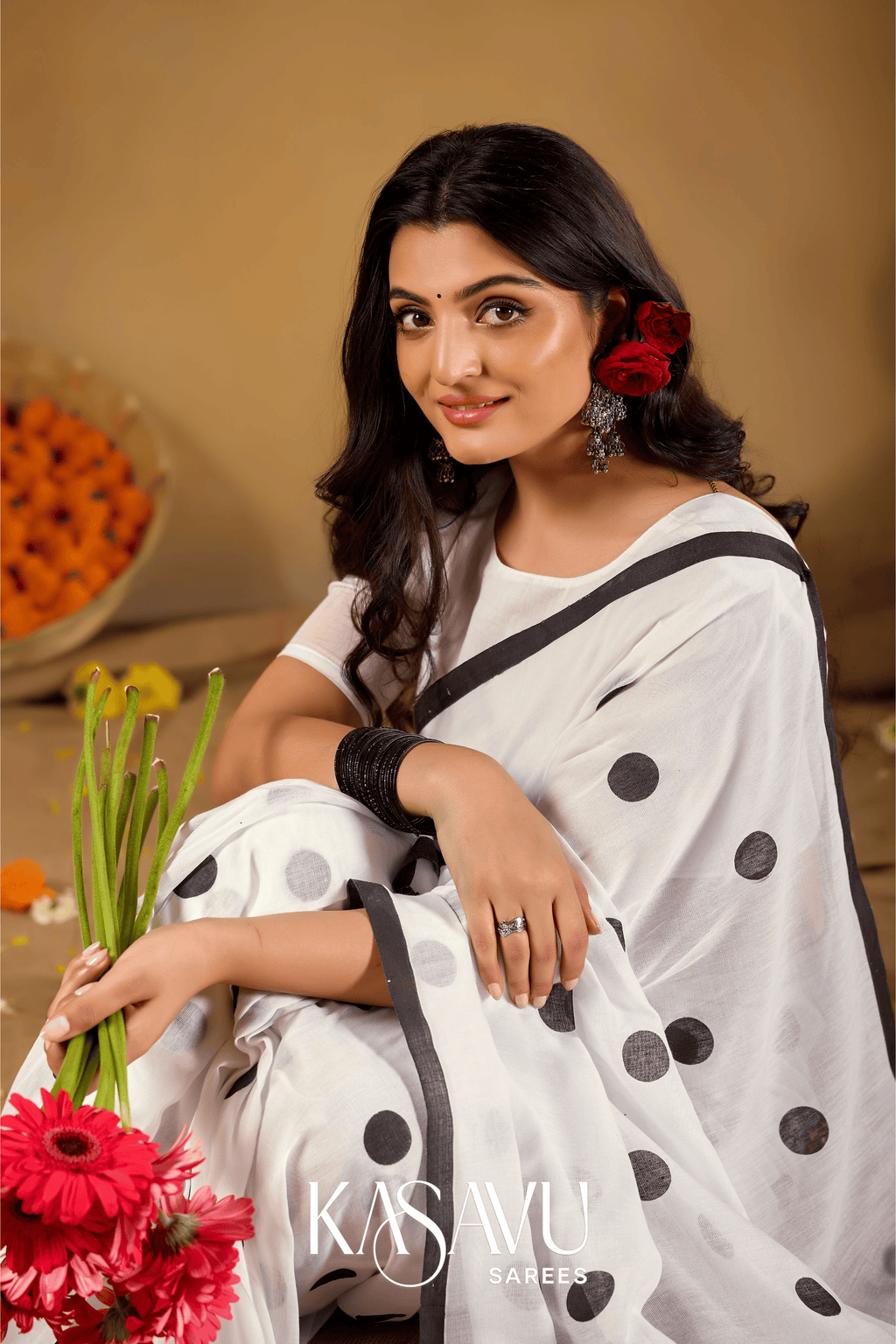 Kasavu White Powerloom Print Cotton Saree