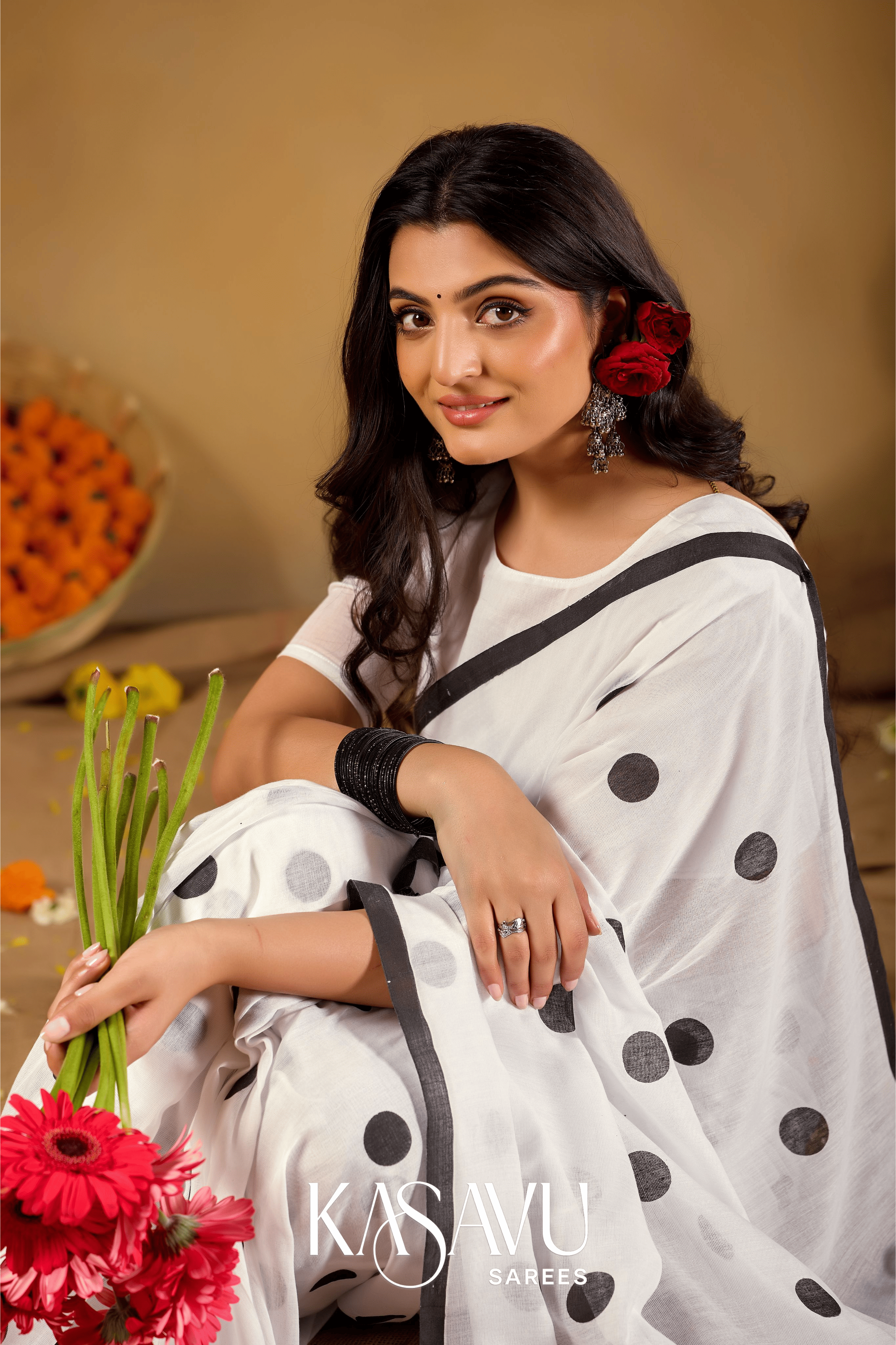 Kasavu White Powerloom Print Cotton Saree