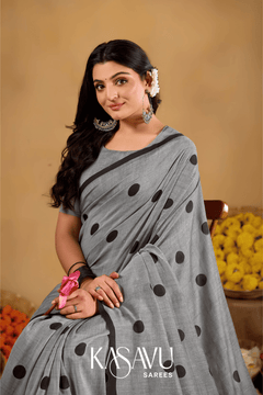 Kasavu Gray Powerloom Print Cotton Saree