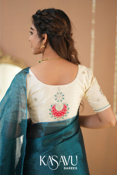 Kasavu Teal Green Tissue Cotten Saree