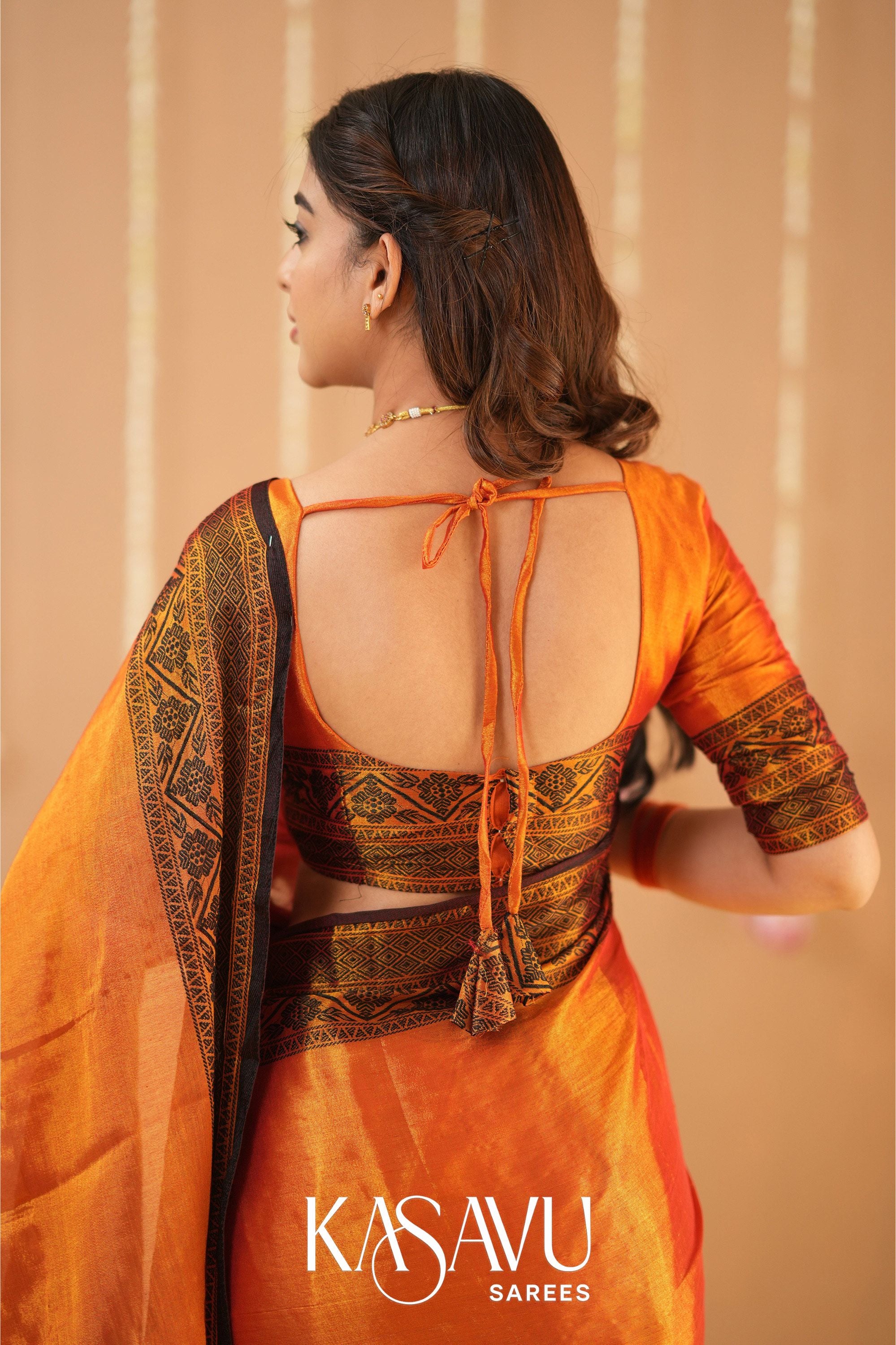 Kasavu Orange Tissue Cotten Saree
