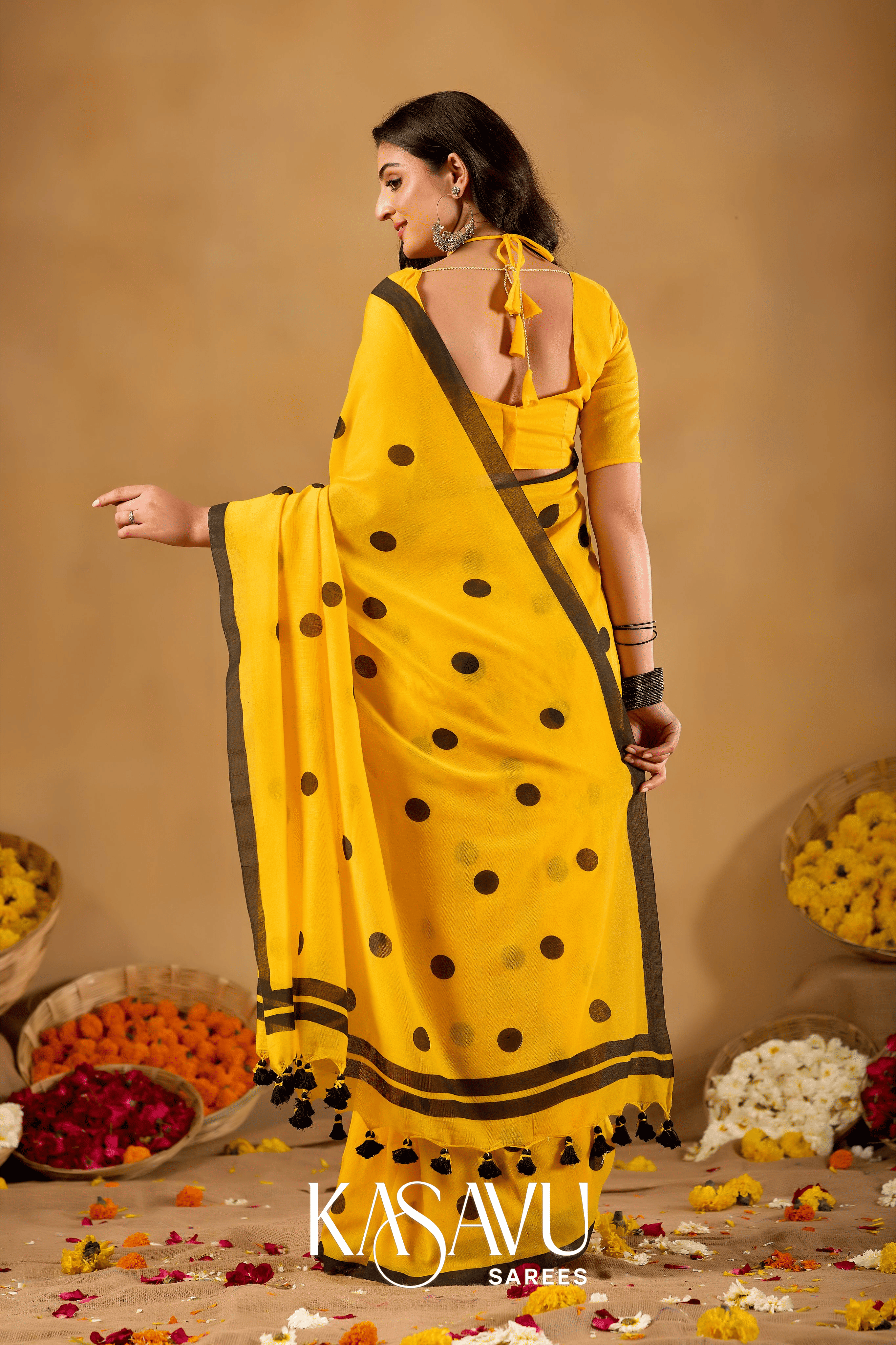 Kasavu Yellow Powerloom Print Cotton Saree