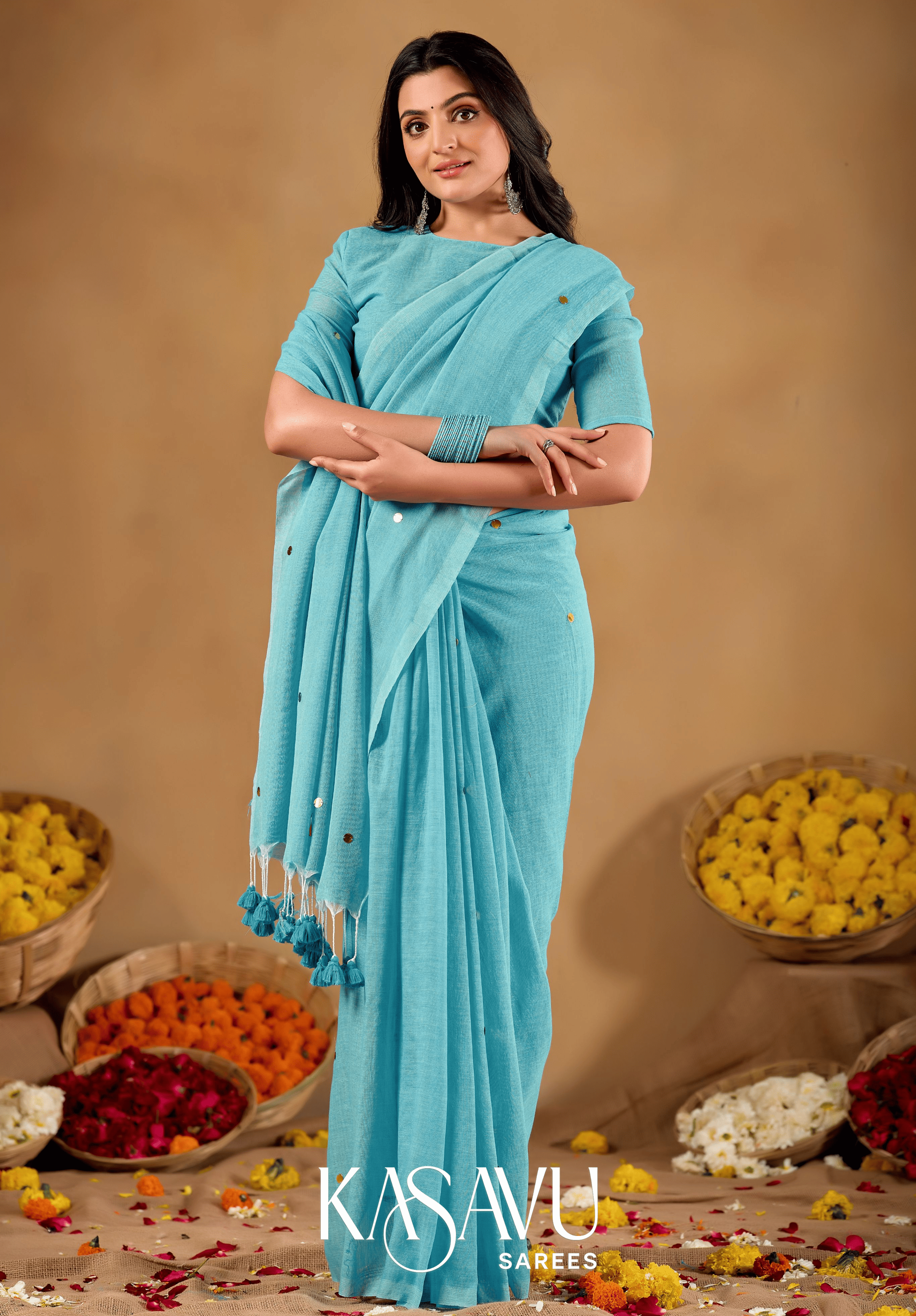 Kasavu Blue Gini Cotton Saree