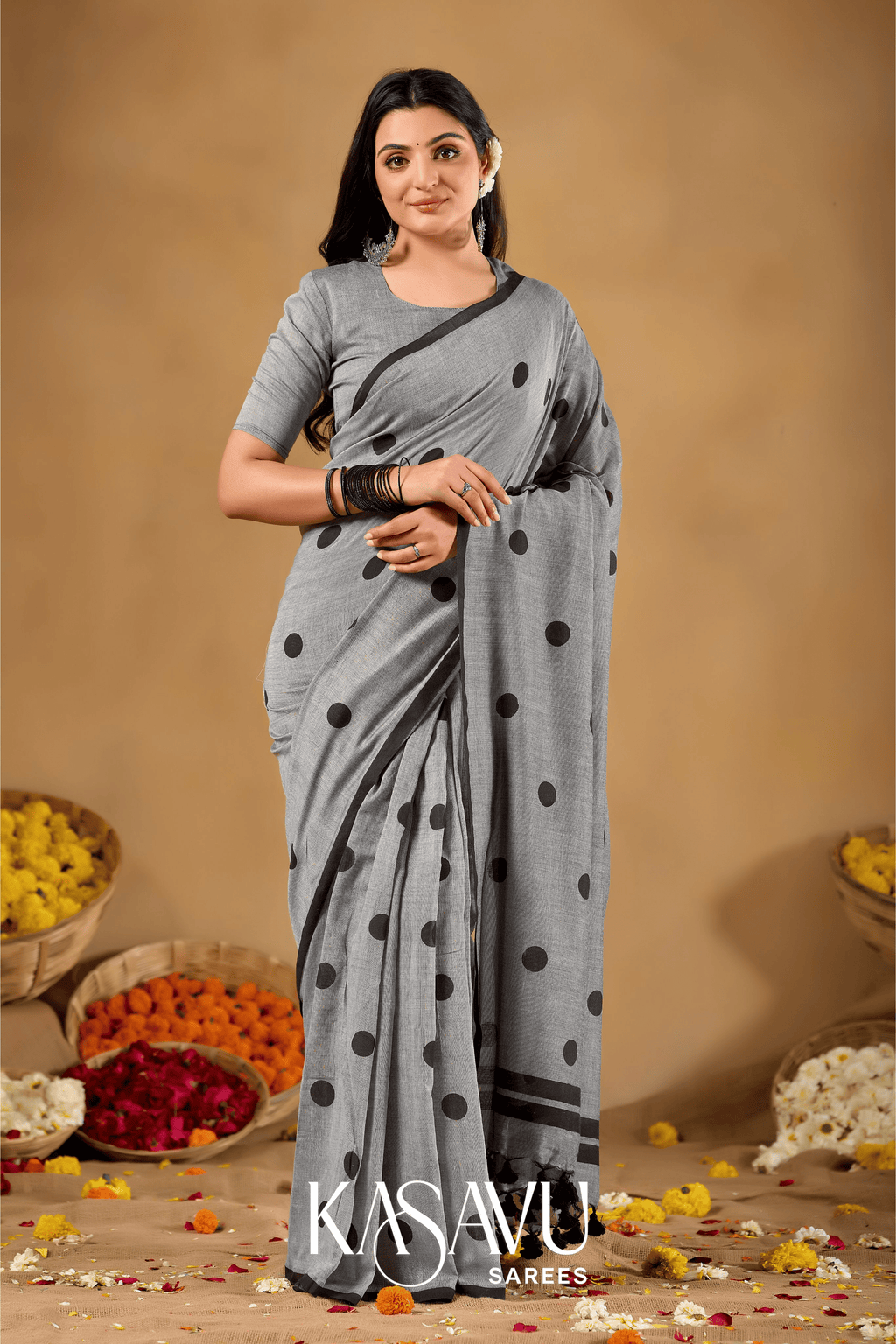 Kasavu Gray Powerloom Print Cotton Saree