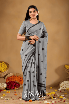 Kasavu Gray Powerloom Print Cotton Saree
