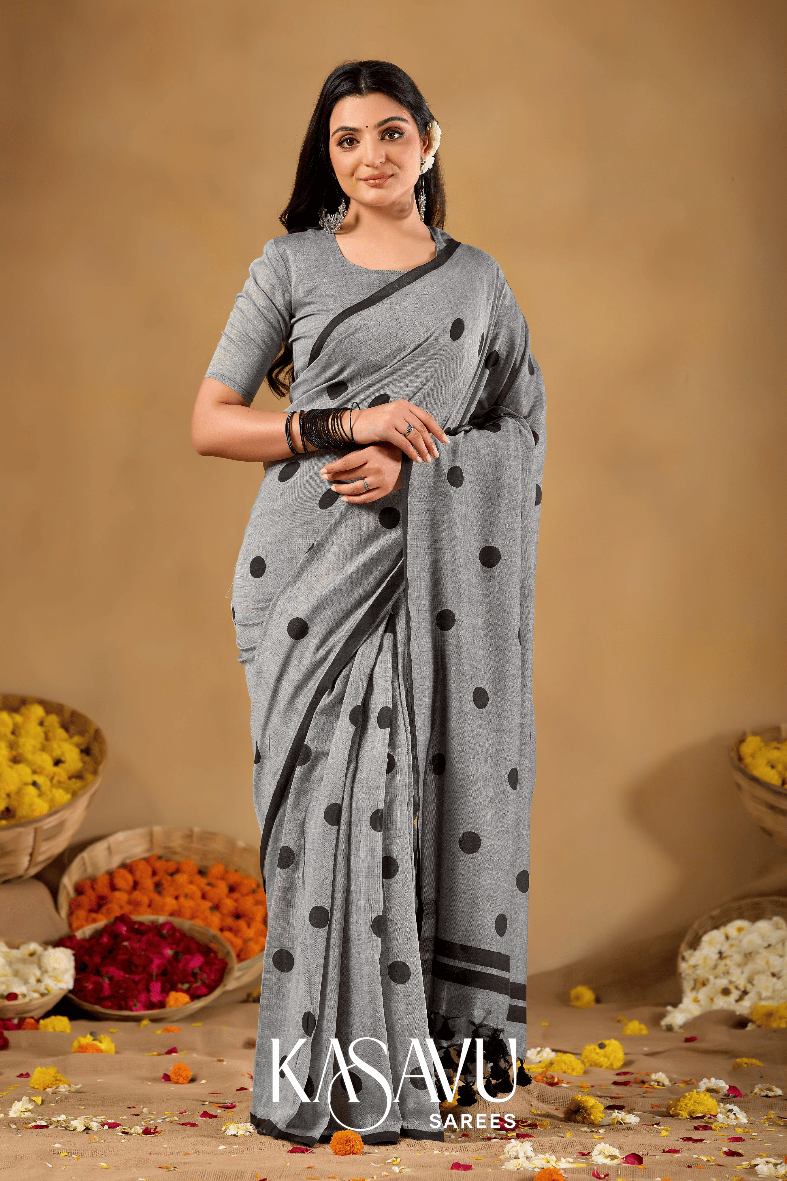 Kasavu Gray Powerloom Print Cotton Saree