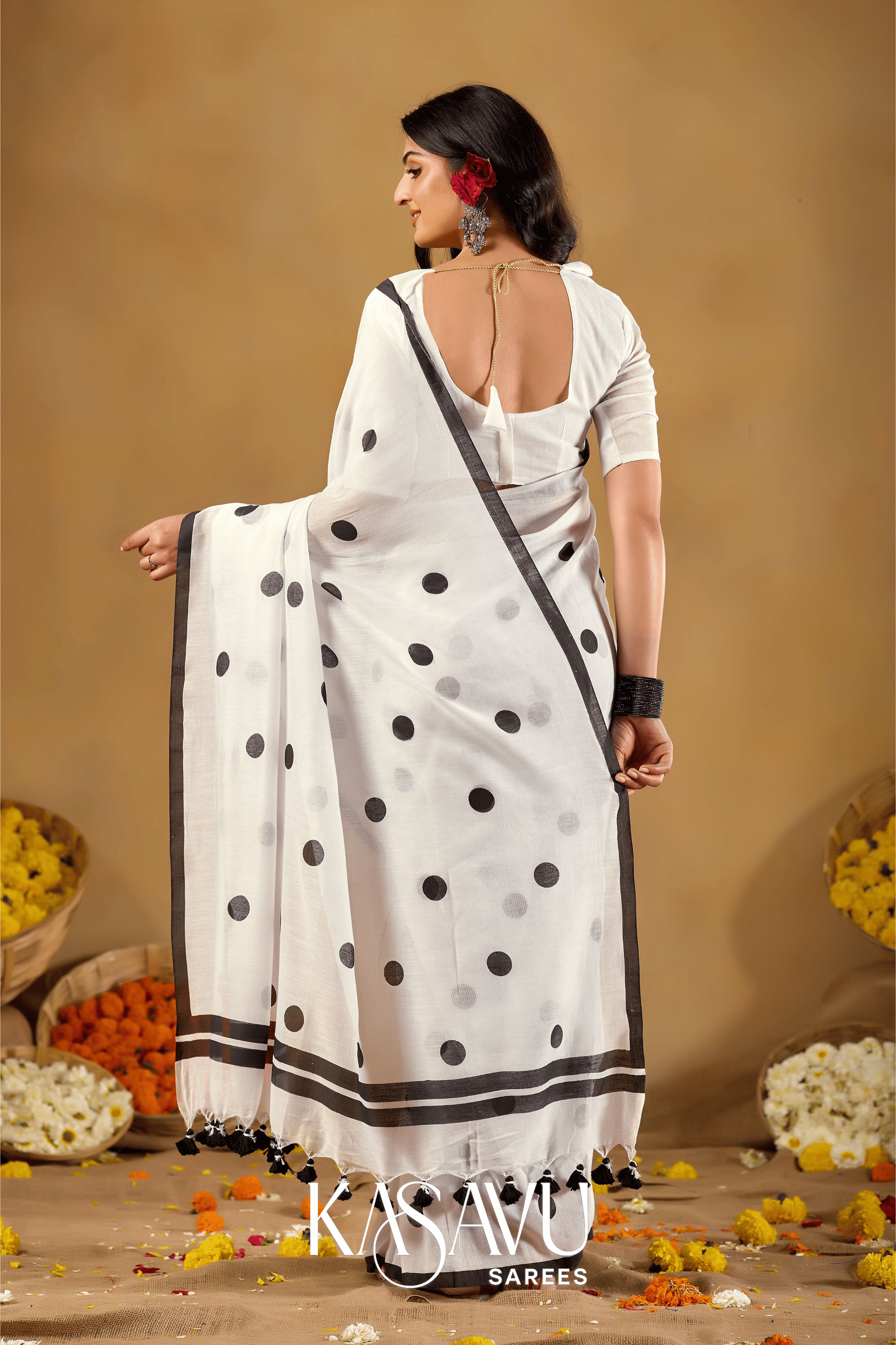 Kasavu White Powerloom Print Cotton Saree