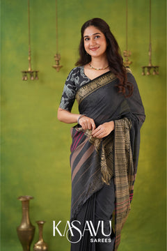Kasavu Gray Narayanpet Cotton Saree