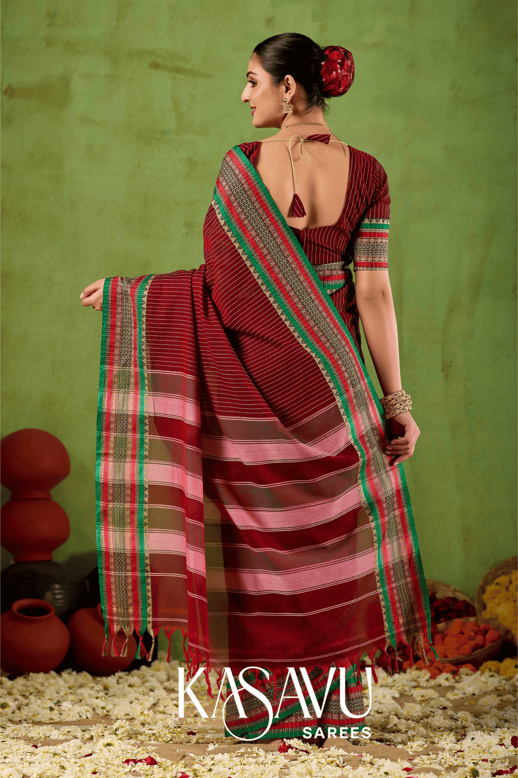 Kasavu Maroon Narayanpet Cotton Saree