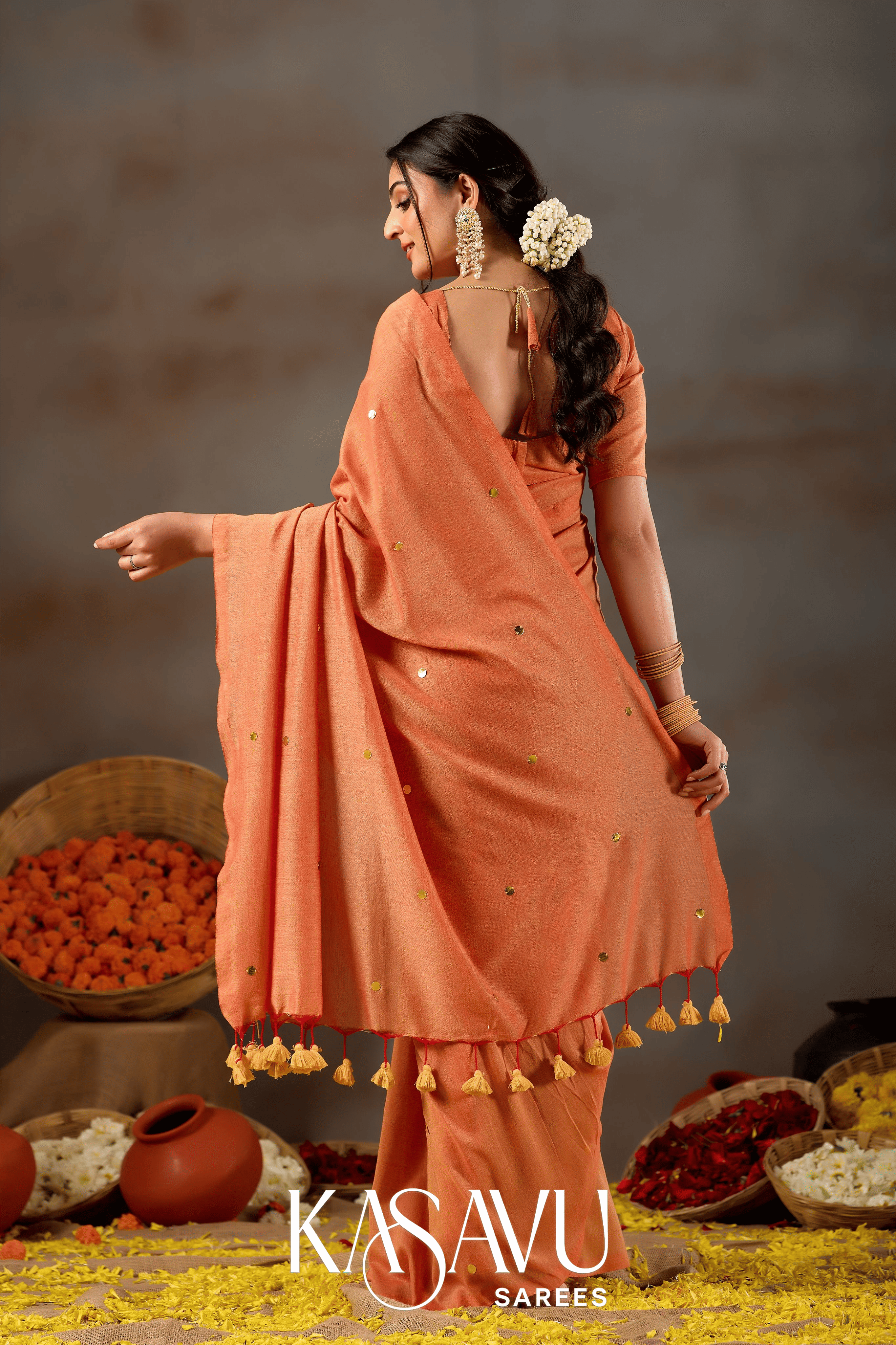 Kasavu Orange Gini Cotton Saree