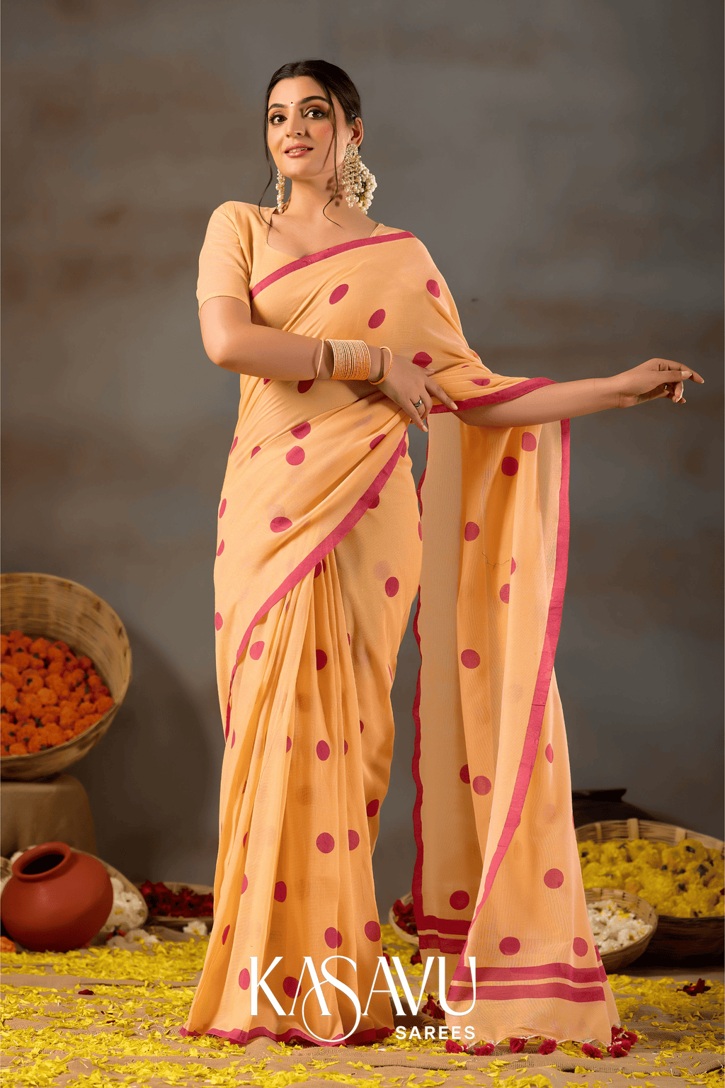 Kasavu Yellow Powerloom Print Cotton Saree