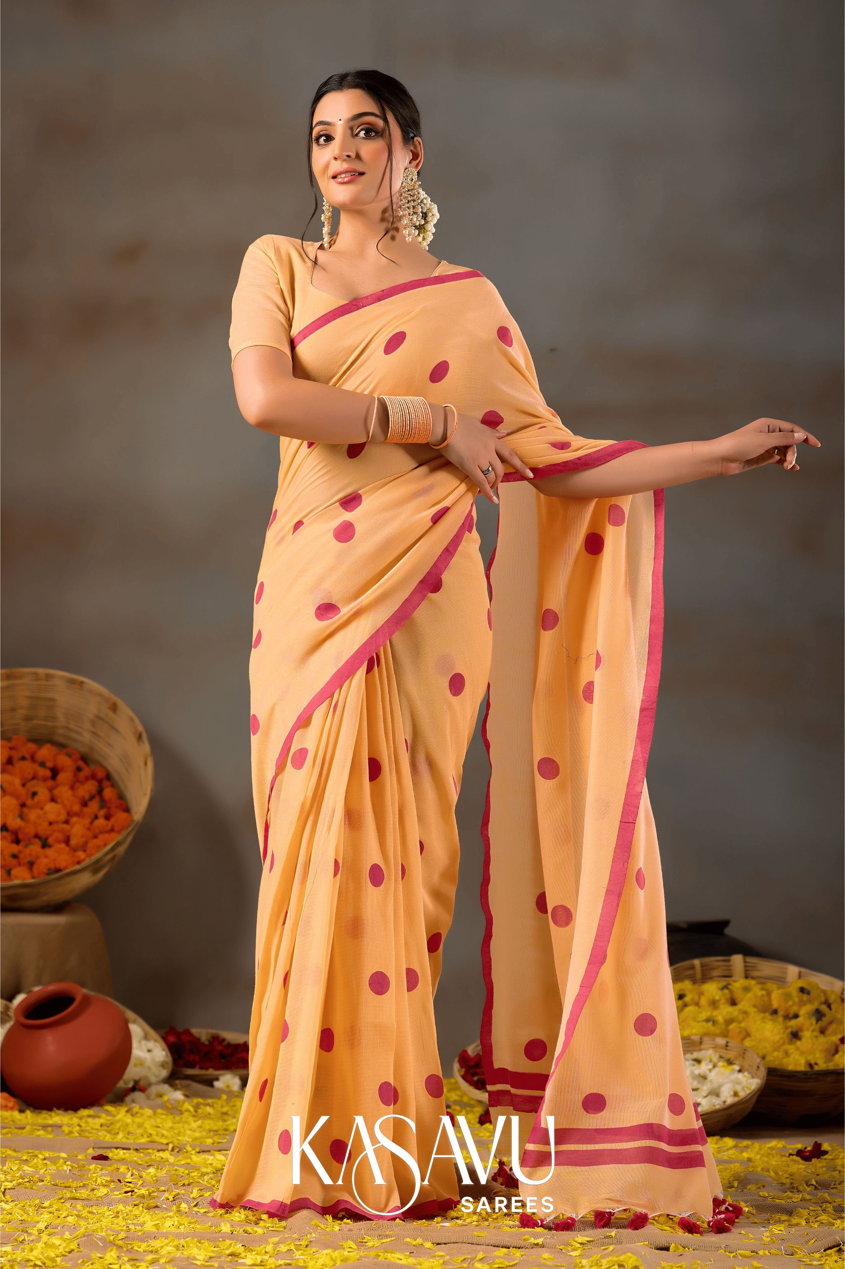 Kasavu Yellow Powerloom Print Cotton Saree