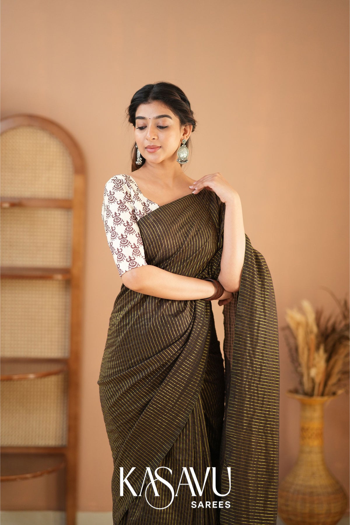 Kasavu Brown Stripe cotton Saree Main image